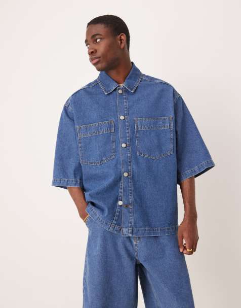 ASOS DESIGN - Oversized denim overhemd met korte mouwen en opgestikte zakken in midwash blauw, deel van co-ord set - view 1