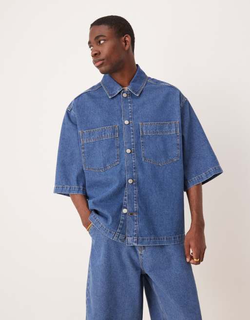 ASOS DESIGN - Oversized denim overhemd met korte mouwen en opgestikte zakken in midwash blauw, deel van co-ord set