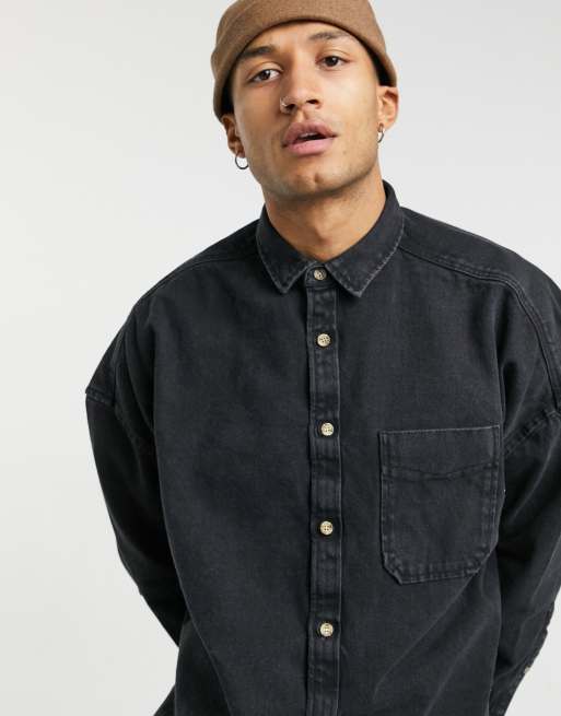 ASOS DESIGN - Oversized denim overhemd met lange pasvorm in zwart met wassing