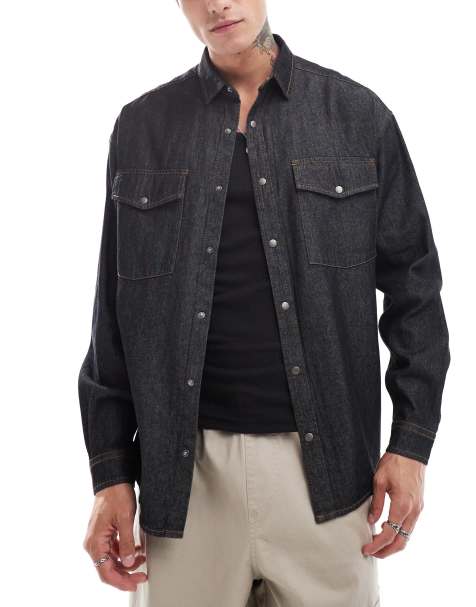 ASOS DESIGN - Oversized denim overhemd met western-zakken in jaren 90-stijl in zwart - view 1