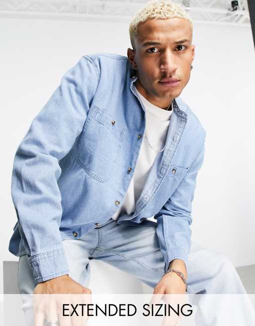 ASOS DESIGN - Oversized denim overhemd zonder kraag in lichtblauwe wassing 