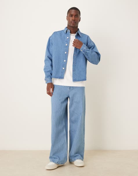 ASOS DESIGN oversized denim overshirt co-ord with super baggy jeans in stripe - view 1