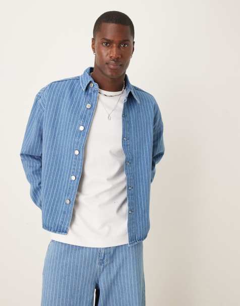 ASOS DESIGN oversized denim overshirt in stripe (Part of a set) - view 1