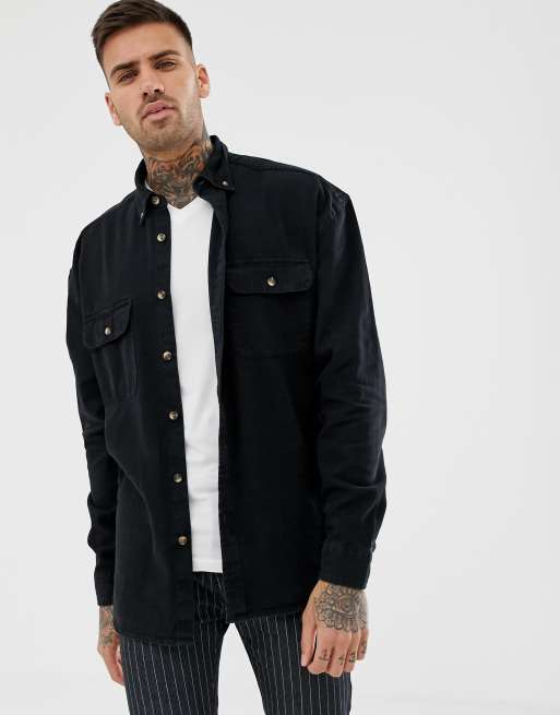 ASOS DESIGN oversized denim shirt in black with double pockets in black ...