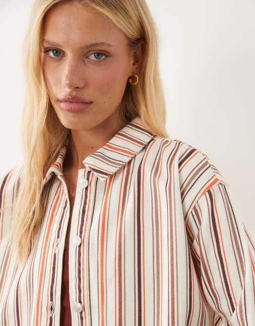 ASOS DESIGN oversized denim shirt in neutral stripe, 2 of 4