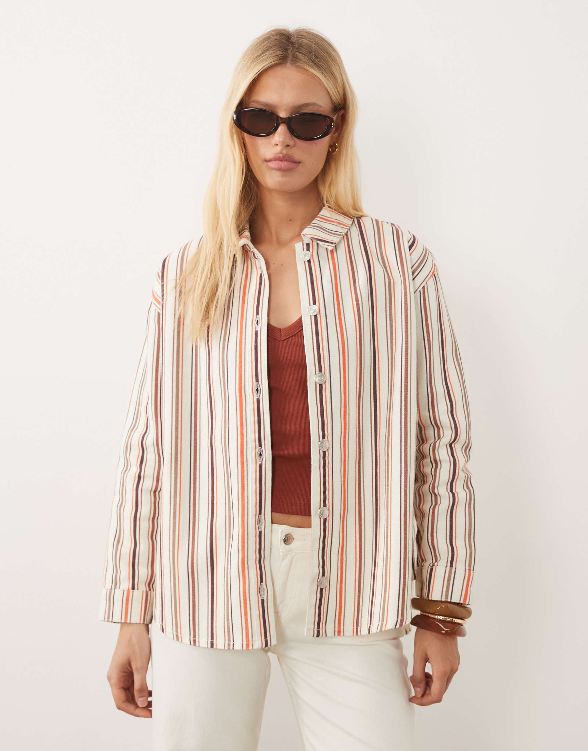 asos design oversized denim shirt in neutral striped print