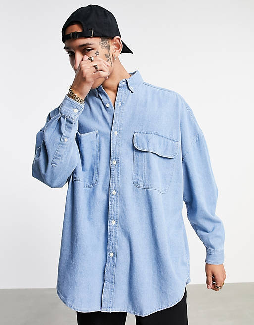  oversized denim shirt in vintage mid wash blue 