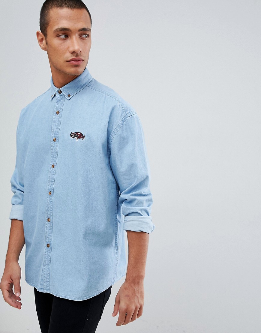 ASOS DESIGN oversized denim shirt with car embroidery-Blue