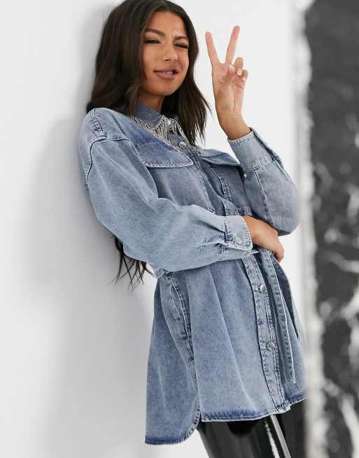 ASOS DESIGN oversized denim shirt with diamante fringe collar