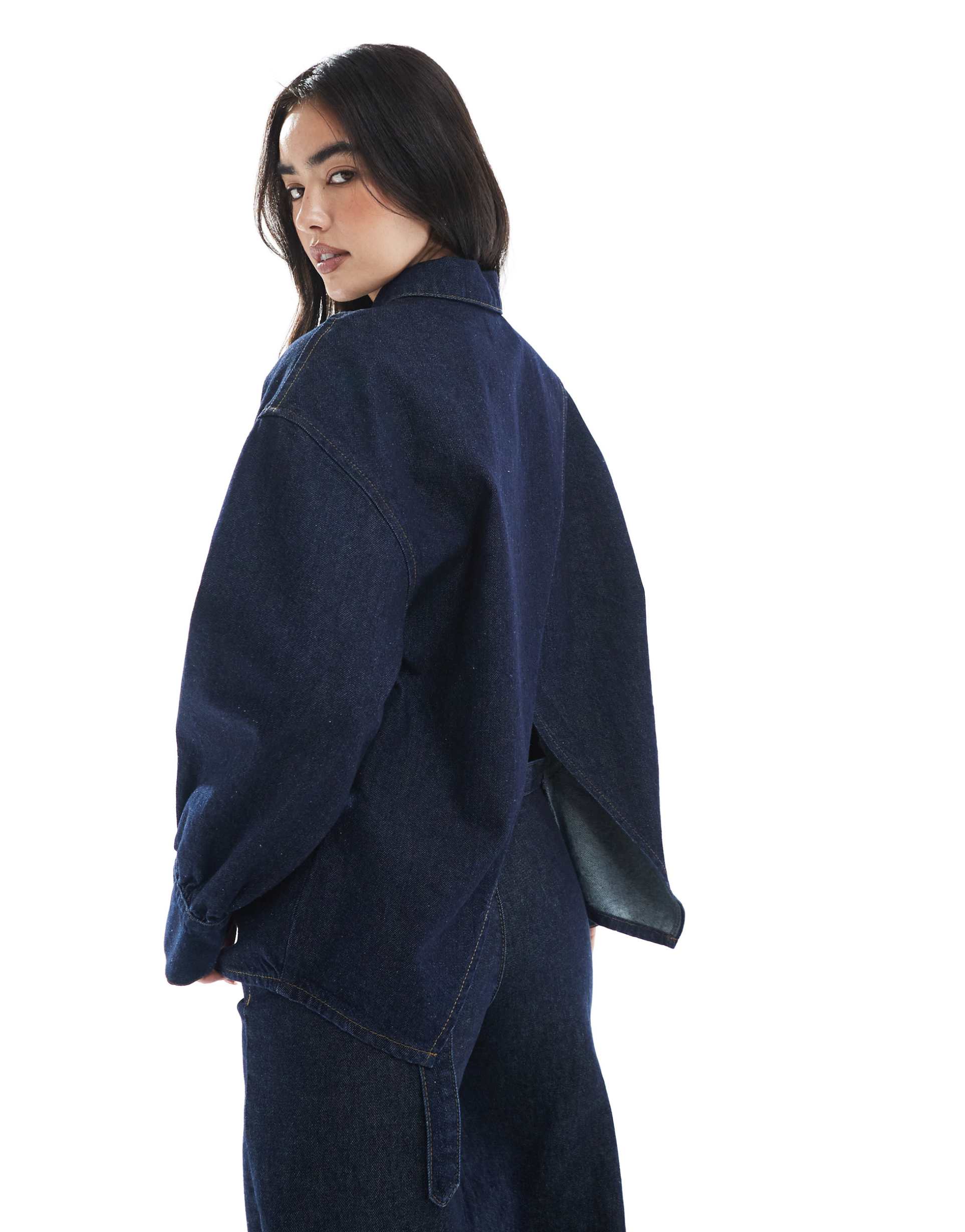 asos design oversized denim shirt with open back and cinch tie in rinse wash
