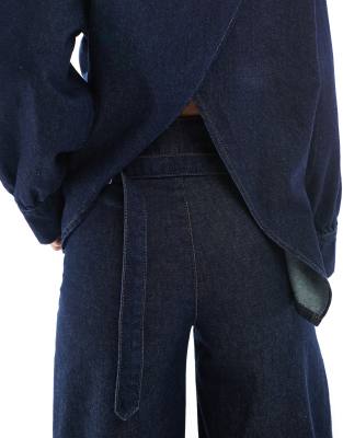 Asos Design Oversized Denim Shirt With Open Back And Cinch Tie In Blue