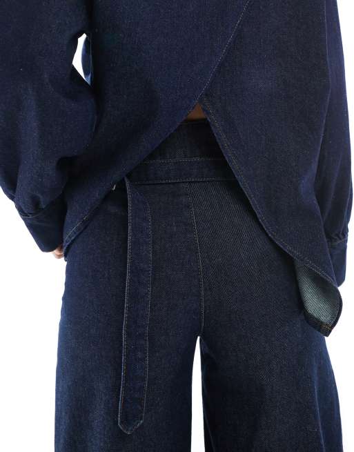 ASOS DESIGN oversized denim shirt with open back and cinch tie in rinse wash