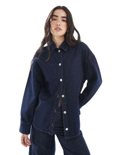 ASOS DESIGN oversized denim shirt with open back and cinch tie in rinse wash, 3 of 4
