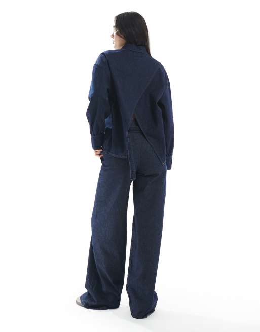 ASOS DESIGN oversized denim shirt with open back and cinch tie in rinse wash