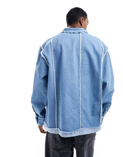 ASOS DESIGN oversized denim shirt with raw edge paneling in blue 