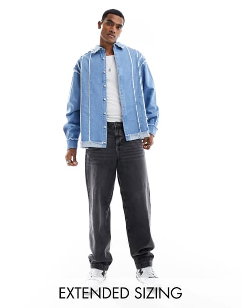 ASOS DESIGN oversized denim shirt with raw edge panelling in blue wash - view 1