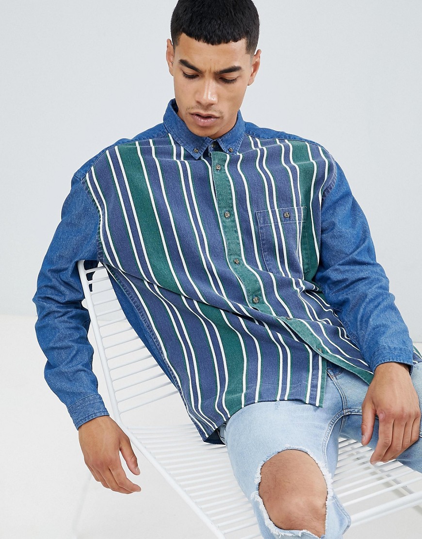 ASOS DESIGN oversized denim shirt with stripe front-Blue