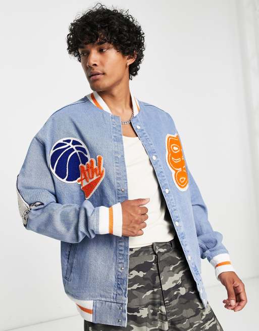 ASOS DESIGN denim varsity jacket in blue and white