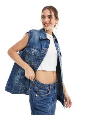 Asos Design Oversized Denim Vest In Mid Wash Blue