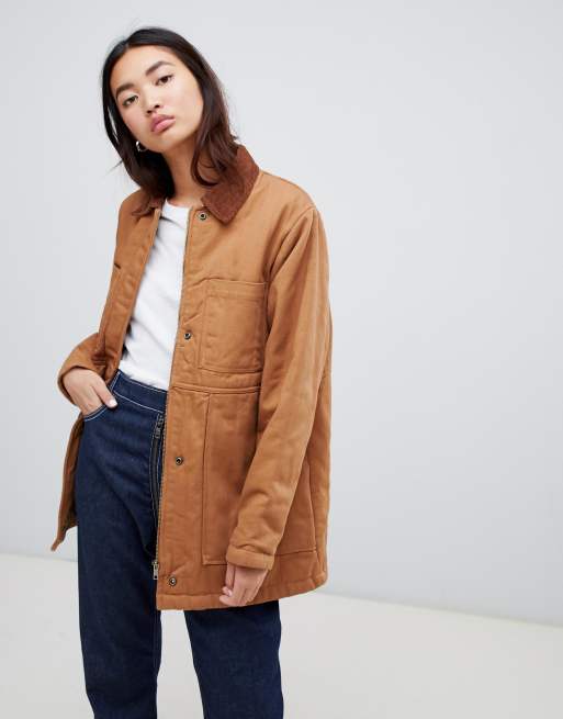 ASOS DESIGN oversized denim wadded jacket with cord collar in camel