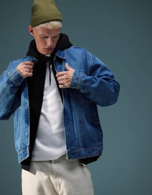 oversized denim worker jacket in mid wash blue