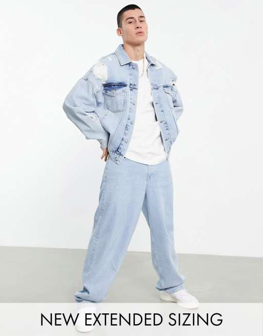 ASOS DESIGN - Oversized denimjakke i 90'er lyseblå vask med flænger