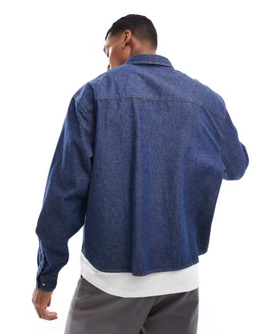 ASOS DESIGN - Oversized denimskjorte med mærkedetalje i blå i firkantet pasform , 2 af 4