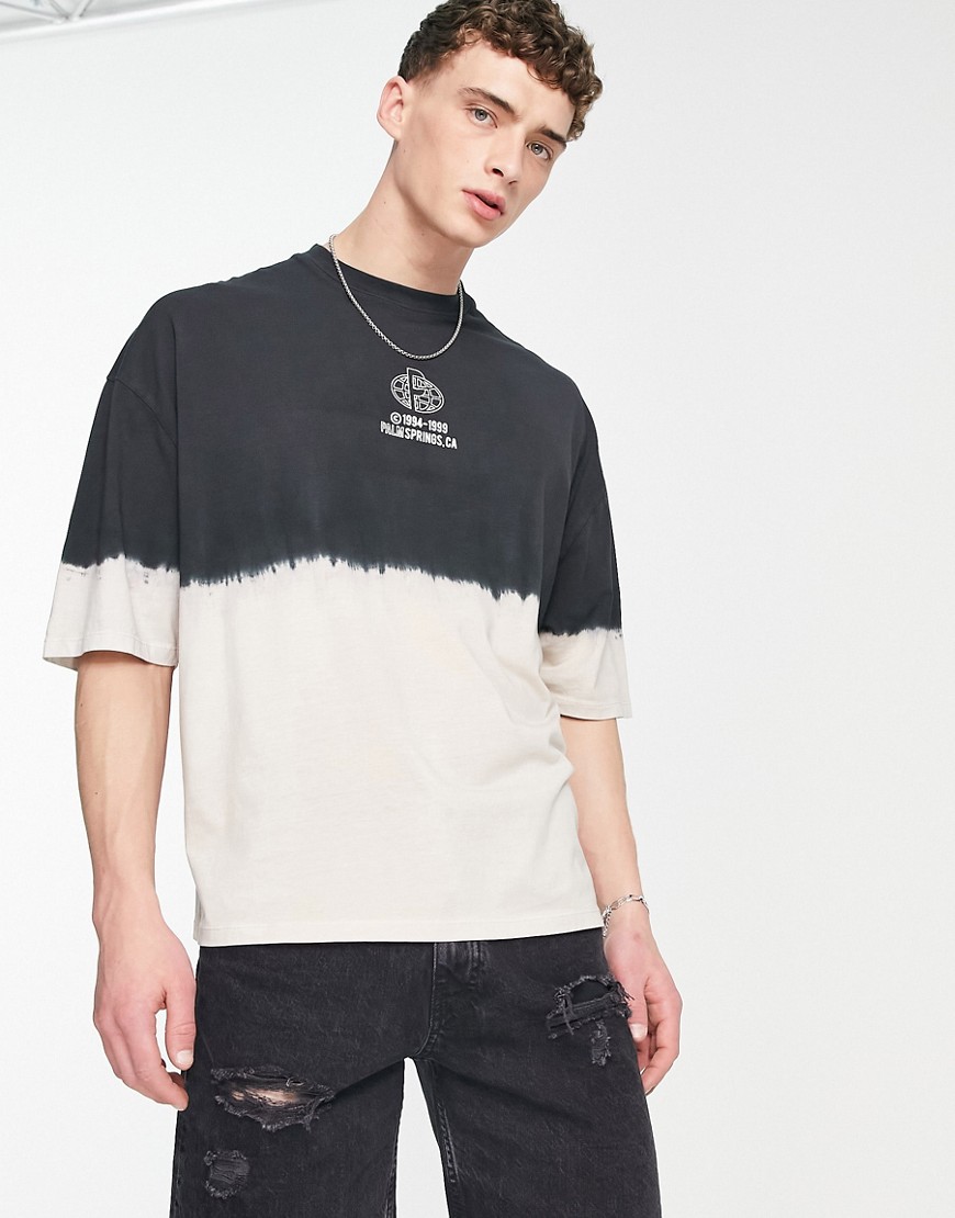 ASOS DESIGN oversized dip dye t-shirt in black and white with high build chest print - BLACK - BLACK