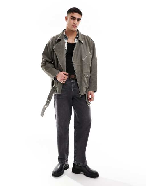 ASOS DESIGN - Oversized distressed bikerjack van echt leer in grijs 