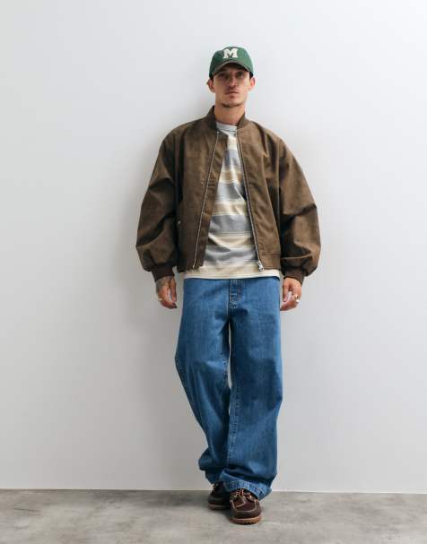 ASOS DESIGN oversized distressed faux leather bomber in brown - view 1