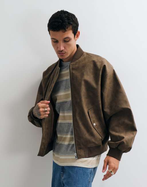 ASOS DESIGN oversized distressed faux leather bomber in brown, 2 of 5