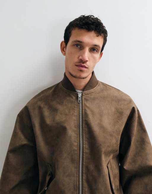 ASOS DESIGN oversized distressed faux leather bomber in brown, 3 of 5