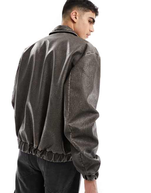 Bershka faux leather motocross jacket in light gray, ASOS