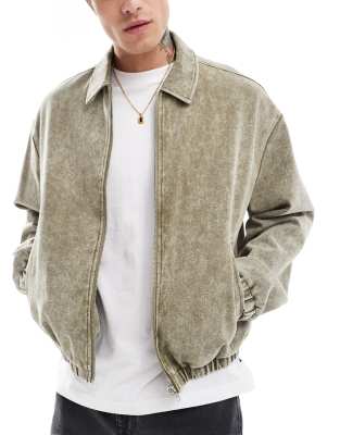 oversized distressed harrington jacket in khaki-Green