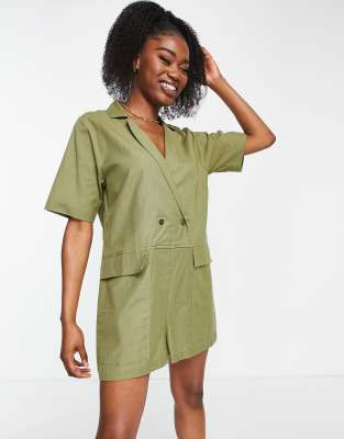 Asos Design Oversized Double Breasted Romper In Khaki-white