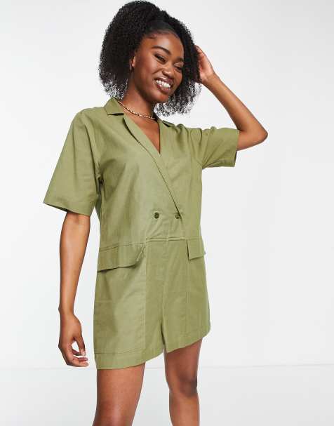 ASOS DESIGN oversized double breasted romper in khaki - view 1