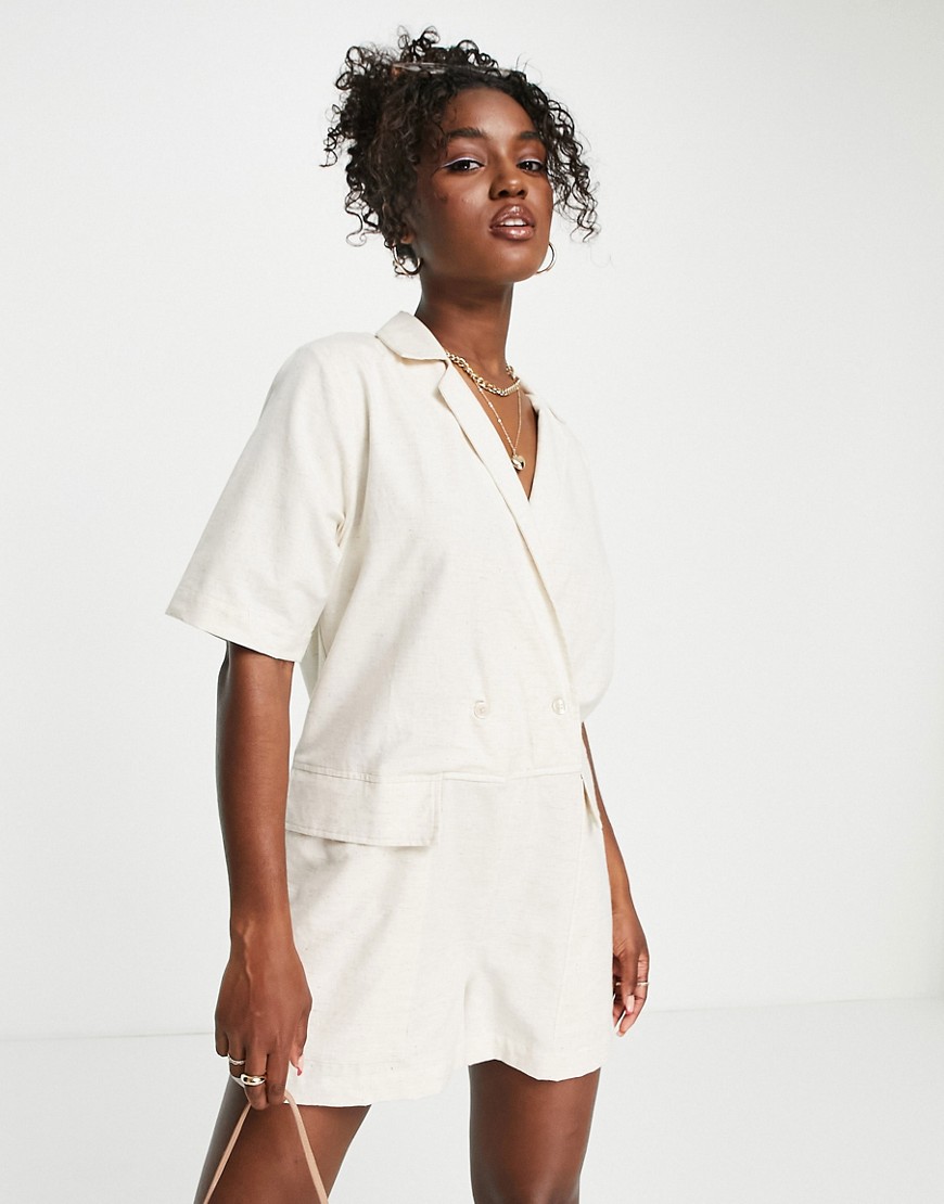 ASOS DESIGN oversized double breasted romper in stone-Neutral