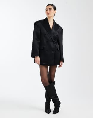 Asos Design Oversized Double Breasted Satin Blazer In Black