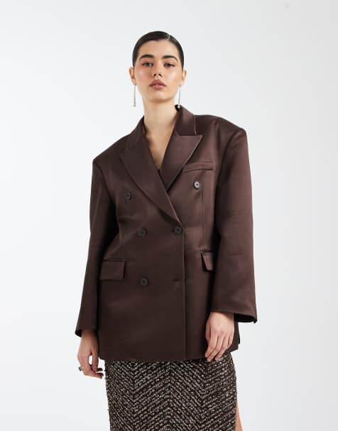 ASOS DESIGN oversized double breasted satin blazer in chocolate brown