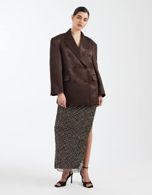 ASOS DESIGN oversized double breasted satin blazer in chocolate brown, 2 of 4