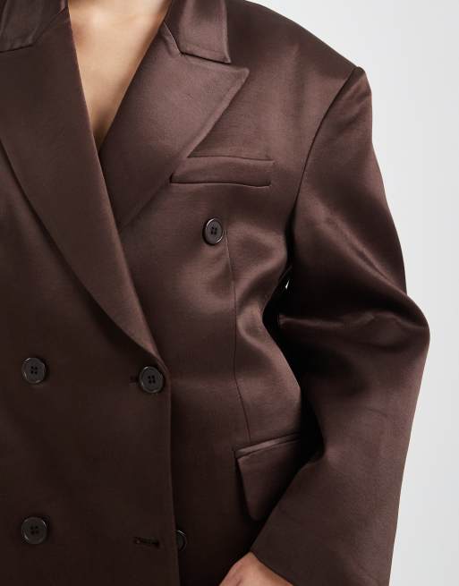 ASOS DESIGN oversized double breasted satin blazer in chocolate brown, 3 of 4