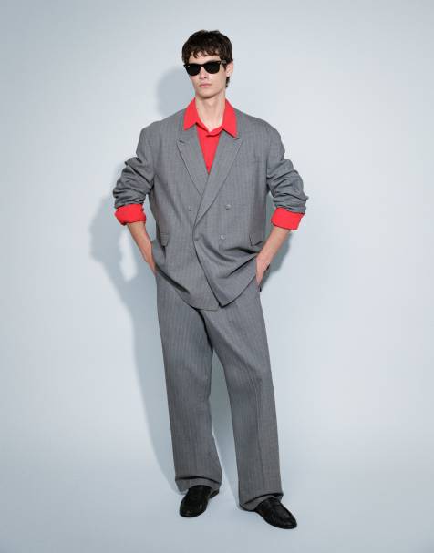 ASOS DESIGN oversized double breasted suit in herringbone charcoal stripe - view 1