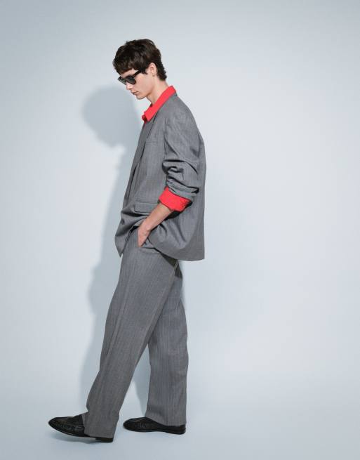ASOS DESIGN oversized double breasted suit jacket in herringbone charcoal stripe, 4 of 7