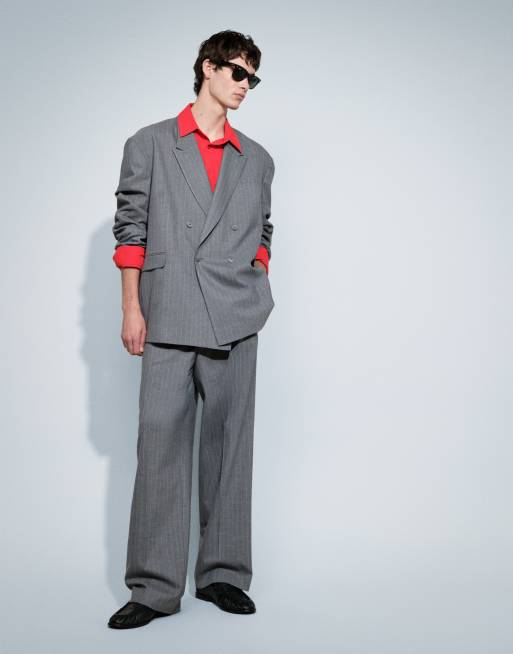 ASOS DESIGN oversized double breasted suit jacket in herringbone charcoal stripe, 6 of 7