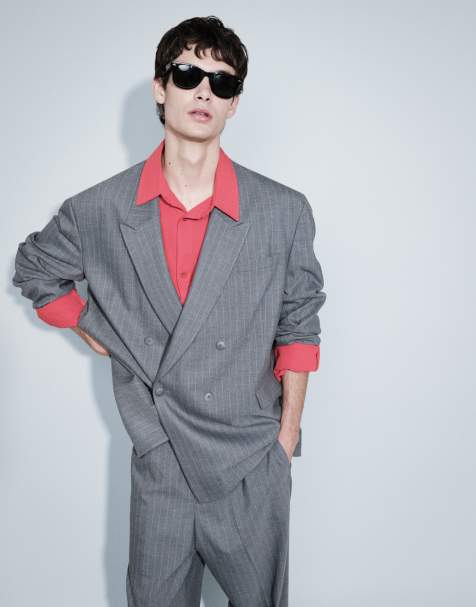 ASOS DESIGN oversized double breasted suit jacket in herringbone charcoal striped print - view 1