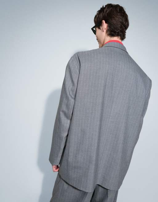 ASOS DESIGN oversized double breasted suit jacket in herringbone charcoal striped print, 3 of 7