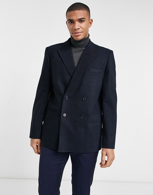 ASOS DESIGN oversized double breasted suit jacket in twill windowpane check in navy