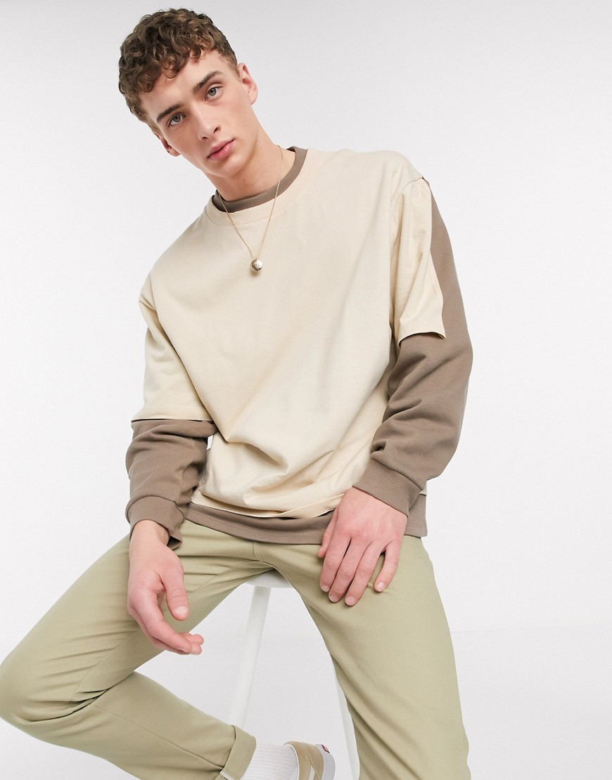 ASOS DESIGN oversized double layer sweatshirt in beiges