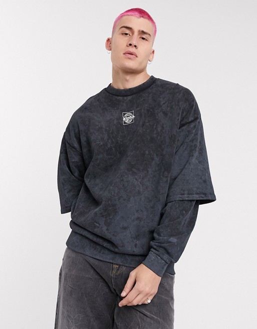 ASOS DESIGN oversized double layer sweatshirt in washed black with print