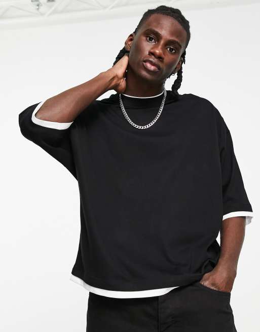 ASOS DESIGN oversized double layer t-shirt in black with white contrast